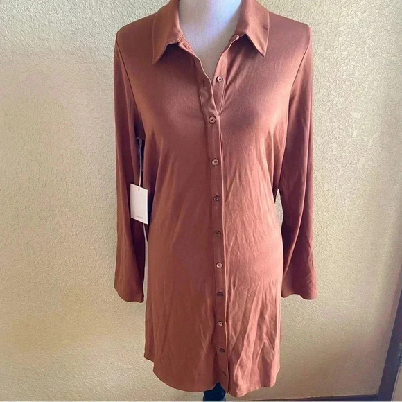 Aritzia Wilfred Free Pose Button Down Shirt Dress Soft Jersey Long Sleeve Mini - Picture 2 of 10
